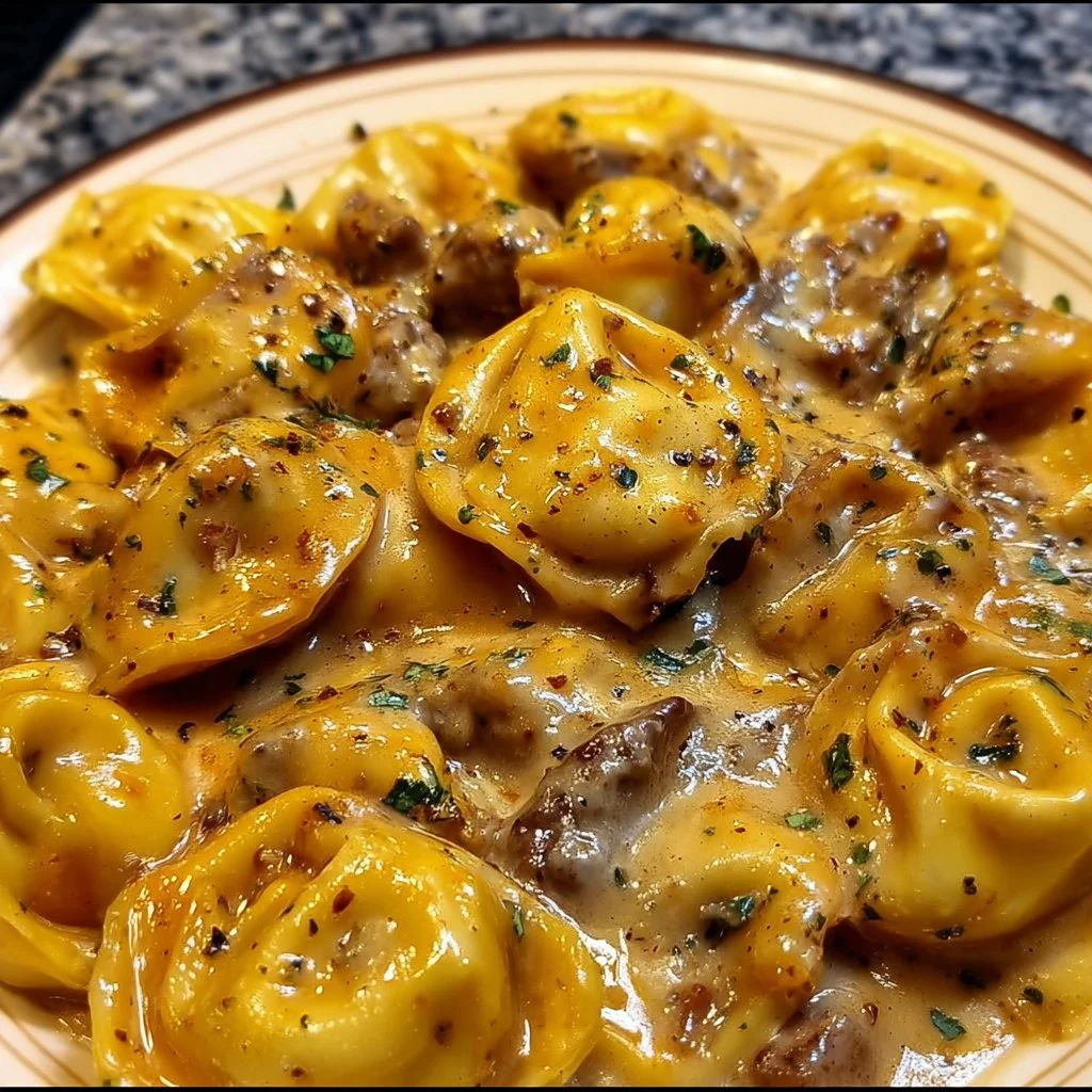 Delicious Cheesesteak Tortellini served in provolone sauce