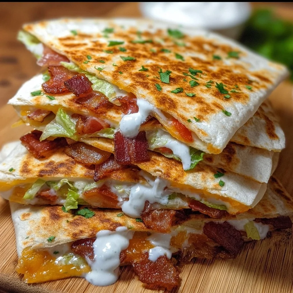 Cheesy Bacon Quesadilla with Ranch served on a plate