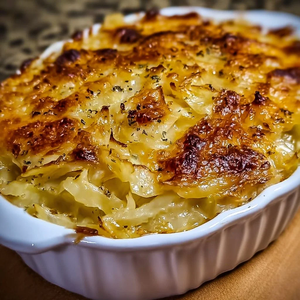 Delicious cheesy cabbage casserole topped with melted cheese