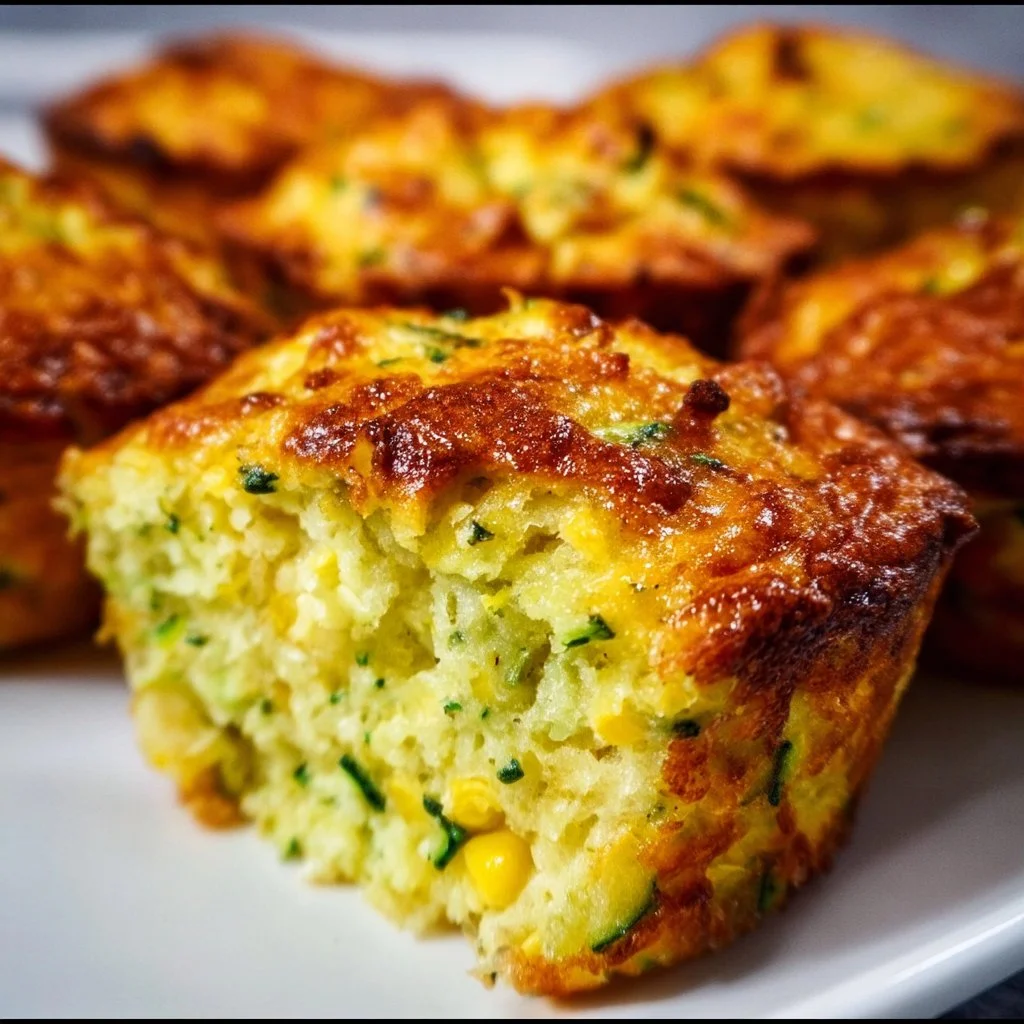 Cheesy corn zucchini muffins fresh out of the oven with a golden crust