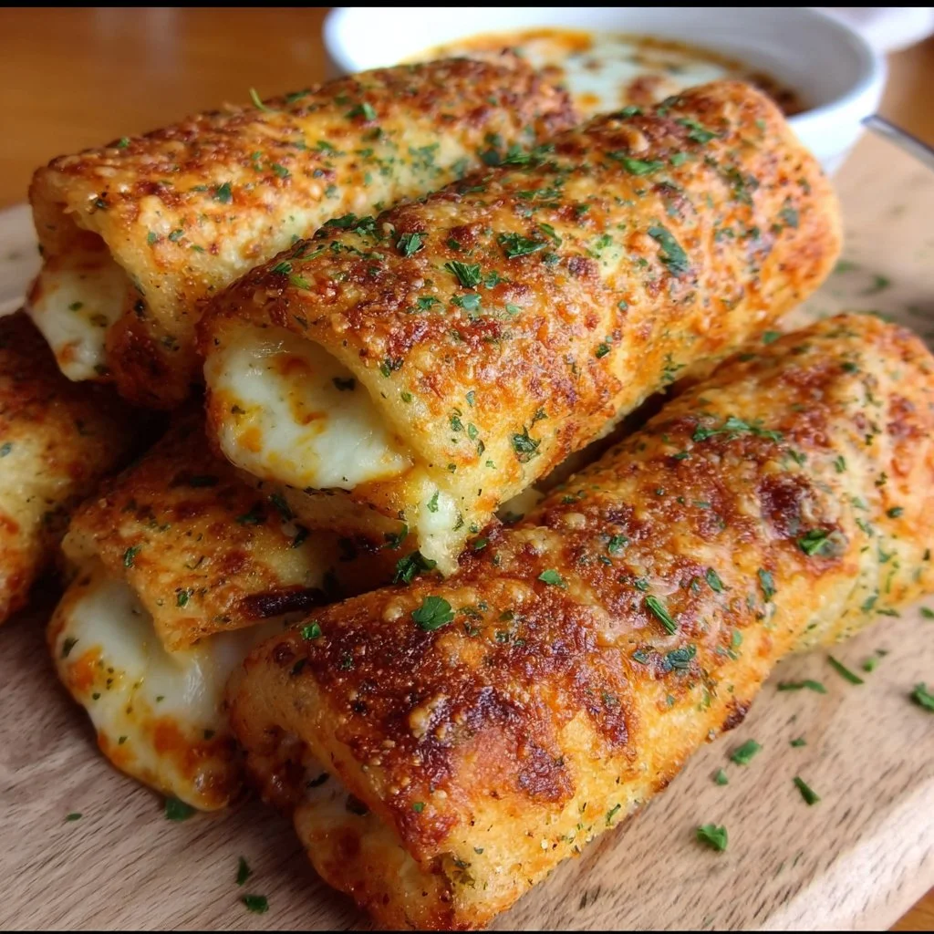 Cheesy garlic butter rollups on a serving plate with melted cheese.