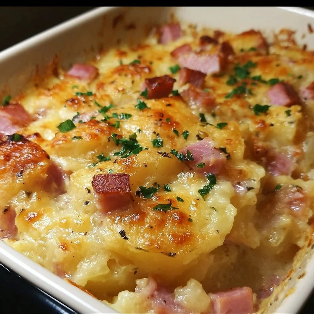 Cheesy ham and potato casserole in a baking dish, fresh out of the oven.