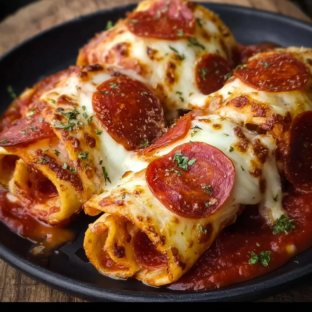 Cheesy pepperoni pizza rolls fresh out of the oven, golden and crispy snack
