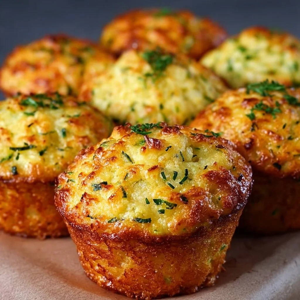 Freshly baked cheesy zucchini muffins topped with cheese and herbs