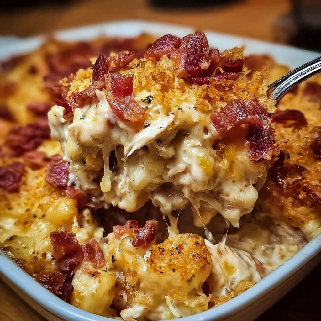 Delicious Chicken Bacon Crunch Casserole topped with crispy bacon and crunchy layers.