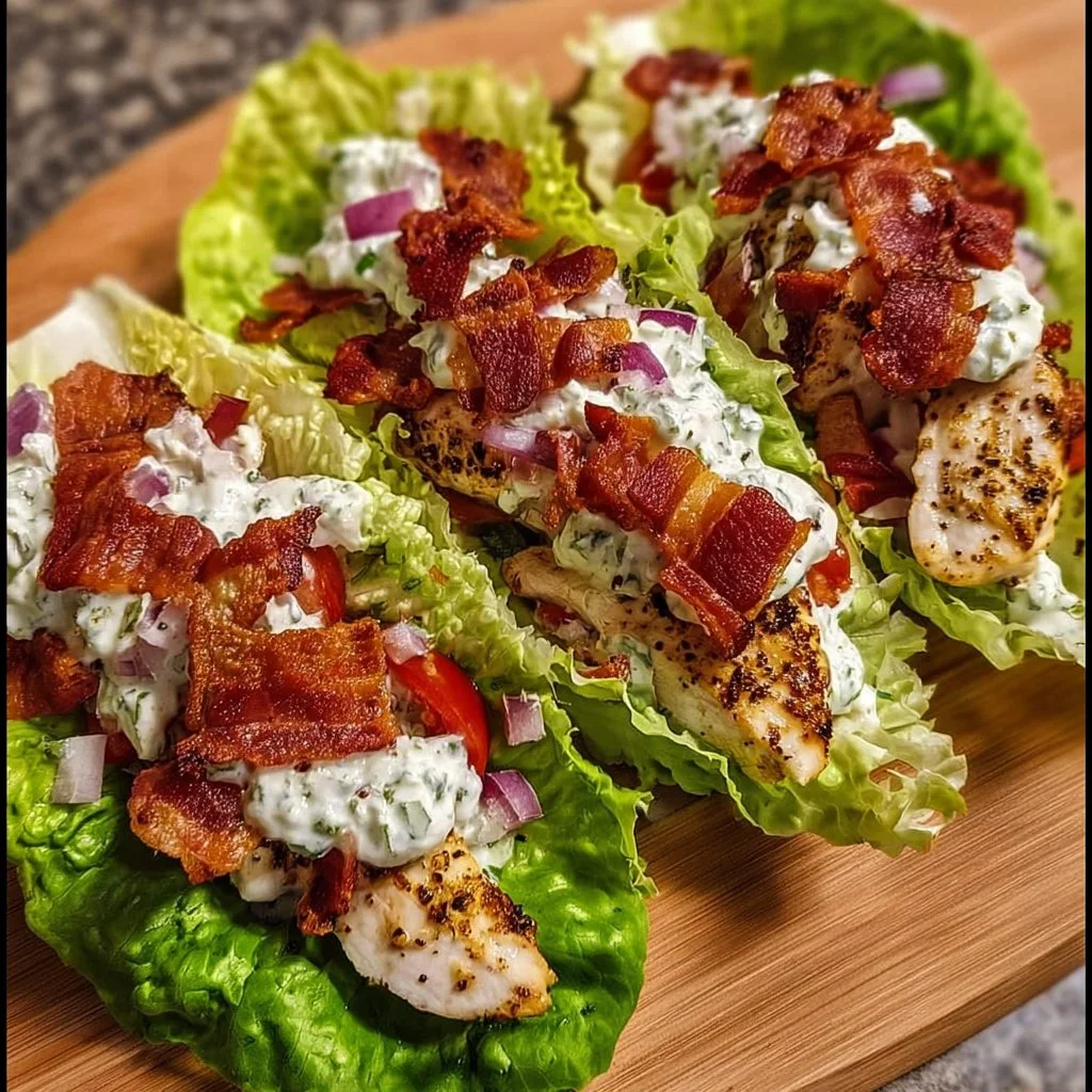 Chicken Bacon Ranch Lettuce Boats topped with fresh ingredients