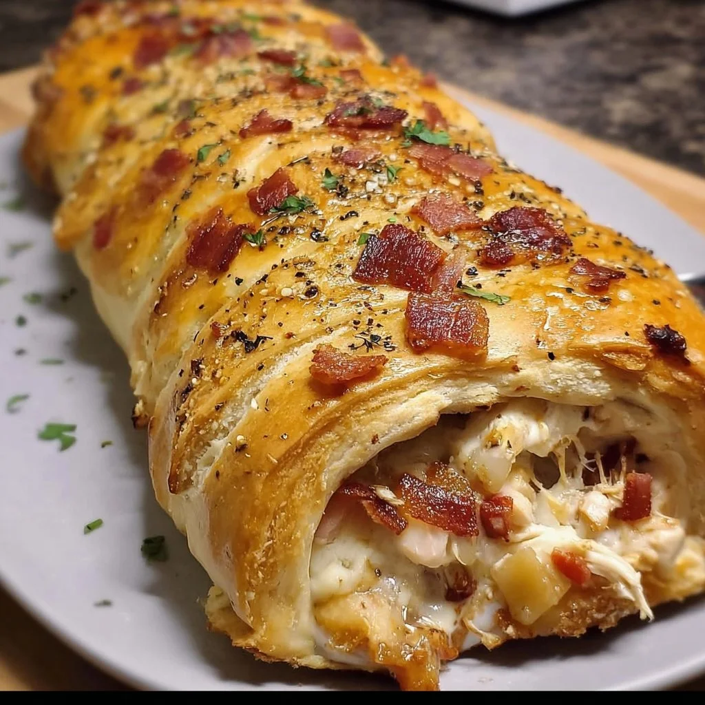 Delicious Chicken Bacon Ranch Stromboli with chicken, bacon, and ranch sauce
