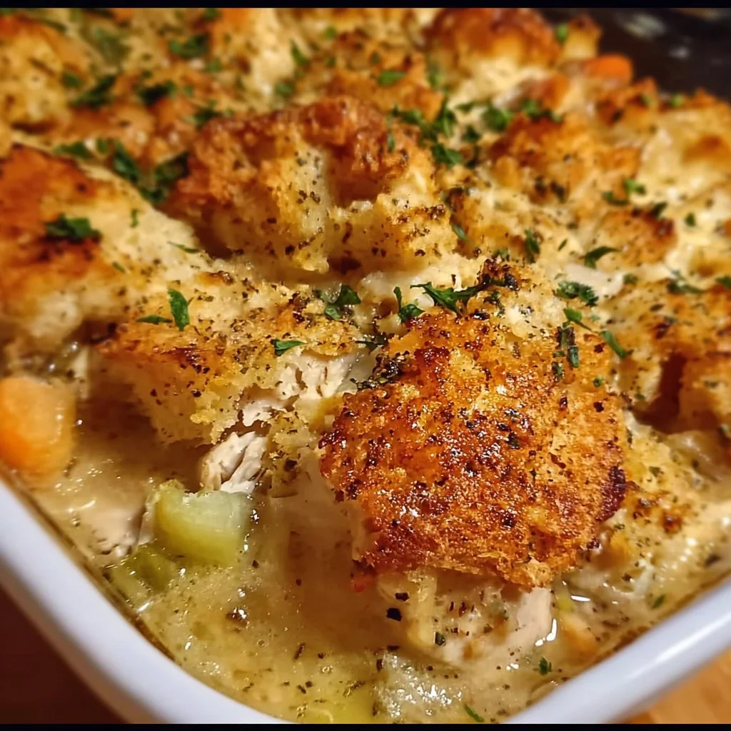 Delicious Chicken & Dressing Casserole served in a baking dish.