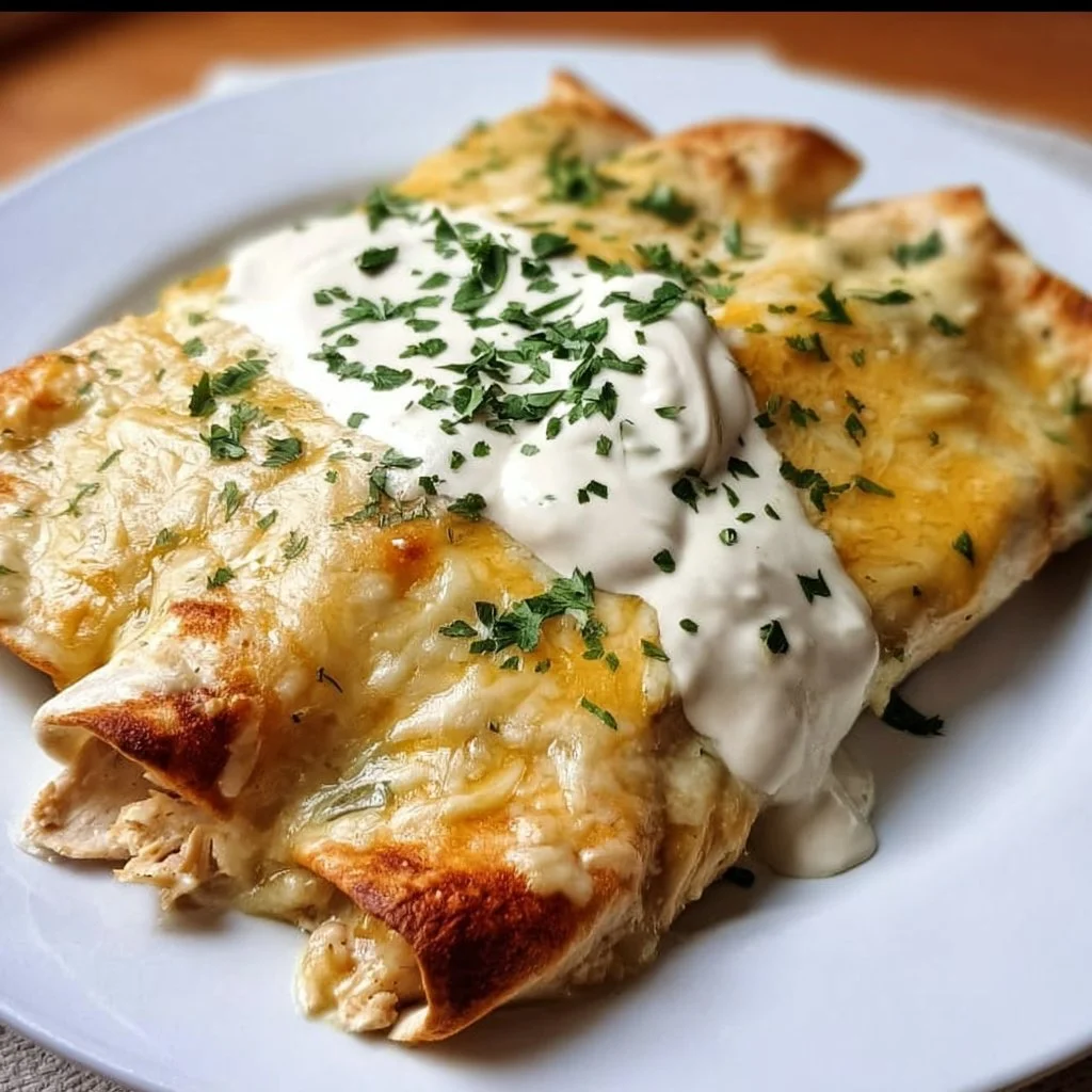 Chicken enchiladas with a creamy white sauce and sour cream topping