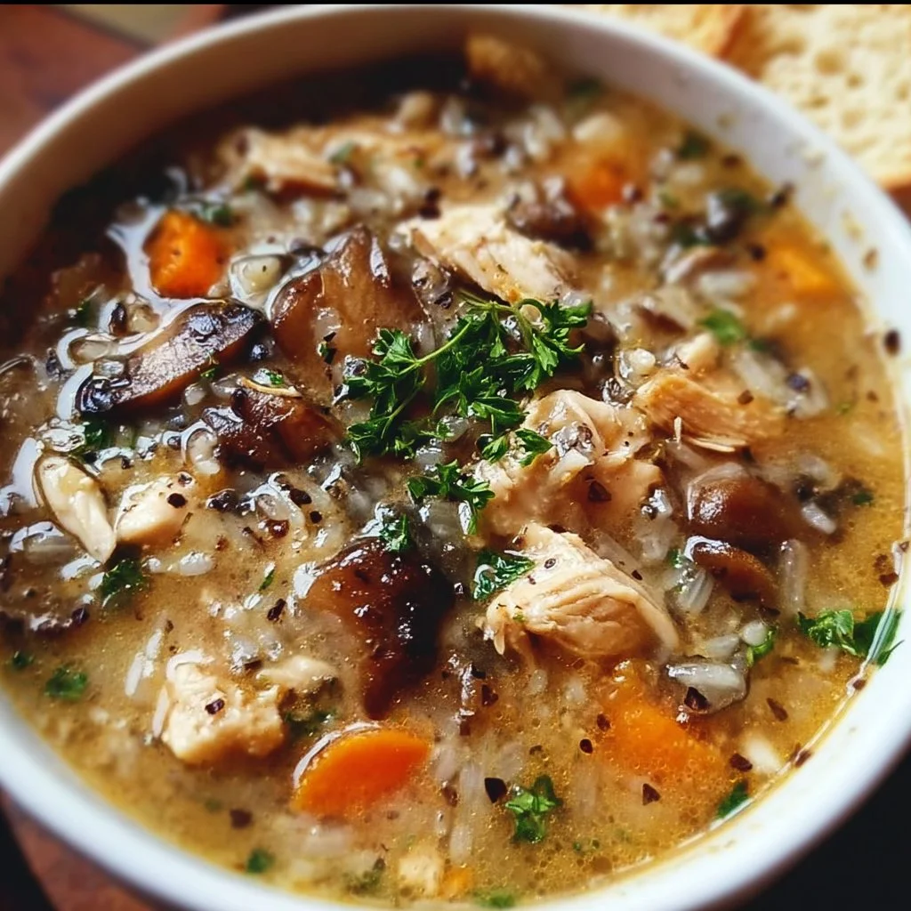Bowl of Chicken Mushroom Wild Rice Soup garnished with herbs