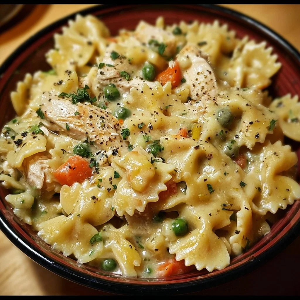 Delicious Chicken Pot Pie Pasta served in a bowl with fresh herbs.