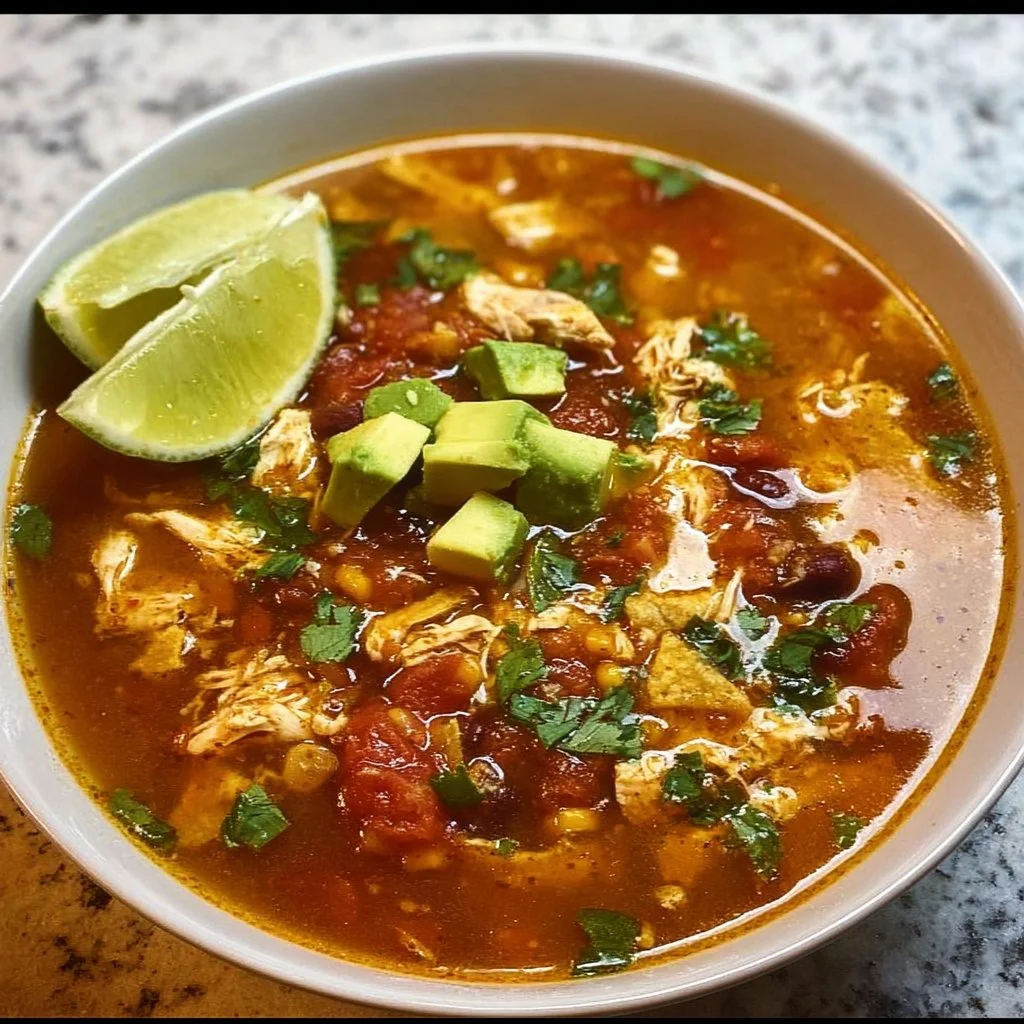 Bowl of hearty Chicken Tortilla Soup topped with crispy tortilla strips and avocado