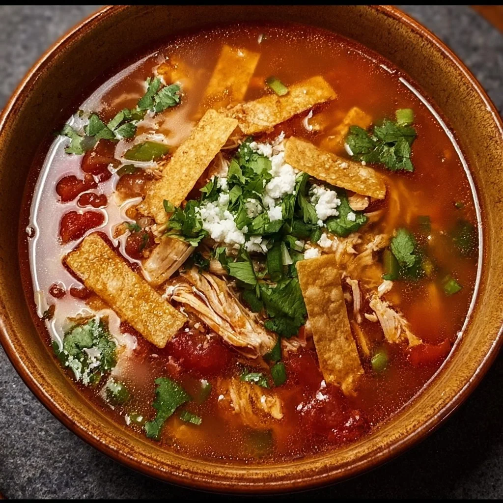 Bowl of Chicken Tortilla Soup topped with crispy tortilla strips and fresh cilantro