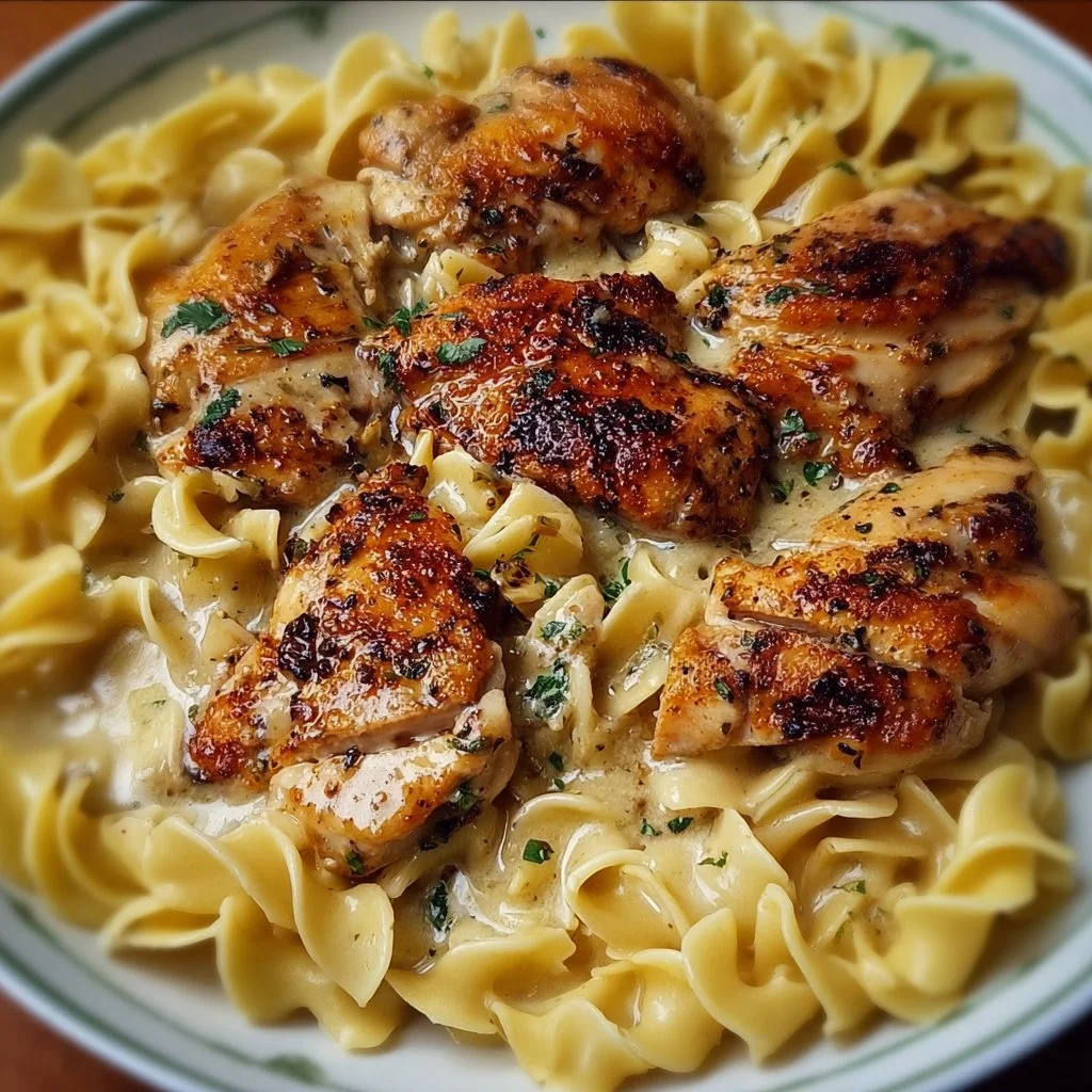 Delicious chicken served over creamy buttered noodles