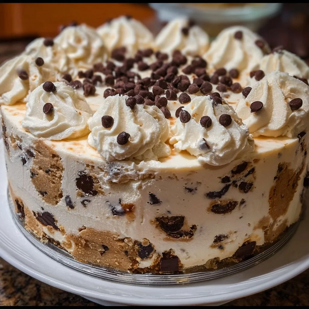 Chocolate Chip Cookie Dough Ice Cream Cake with a creamy layer and cookie dough chunks