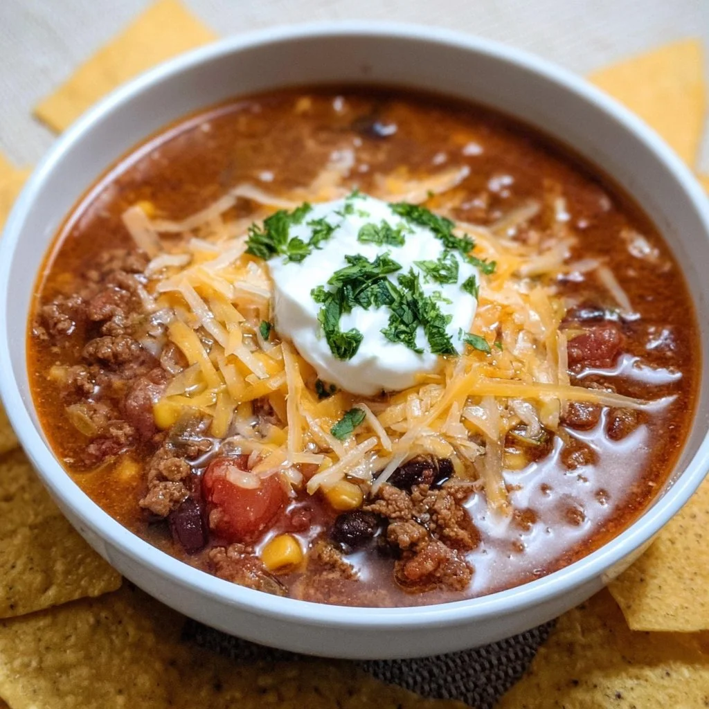Bowl of classic taco soup garnished with cilantro and tortilla strips