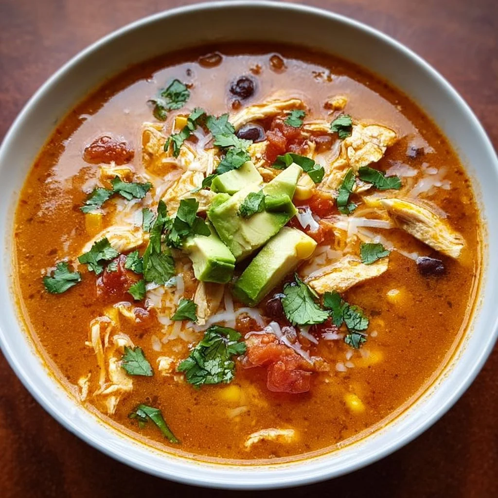 Bowl of comforting Chicken Tortilla Soup garnished with cilantro and tortilla strips