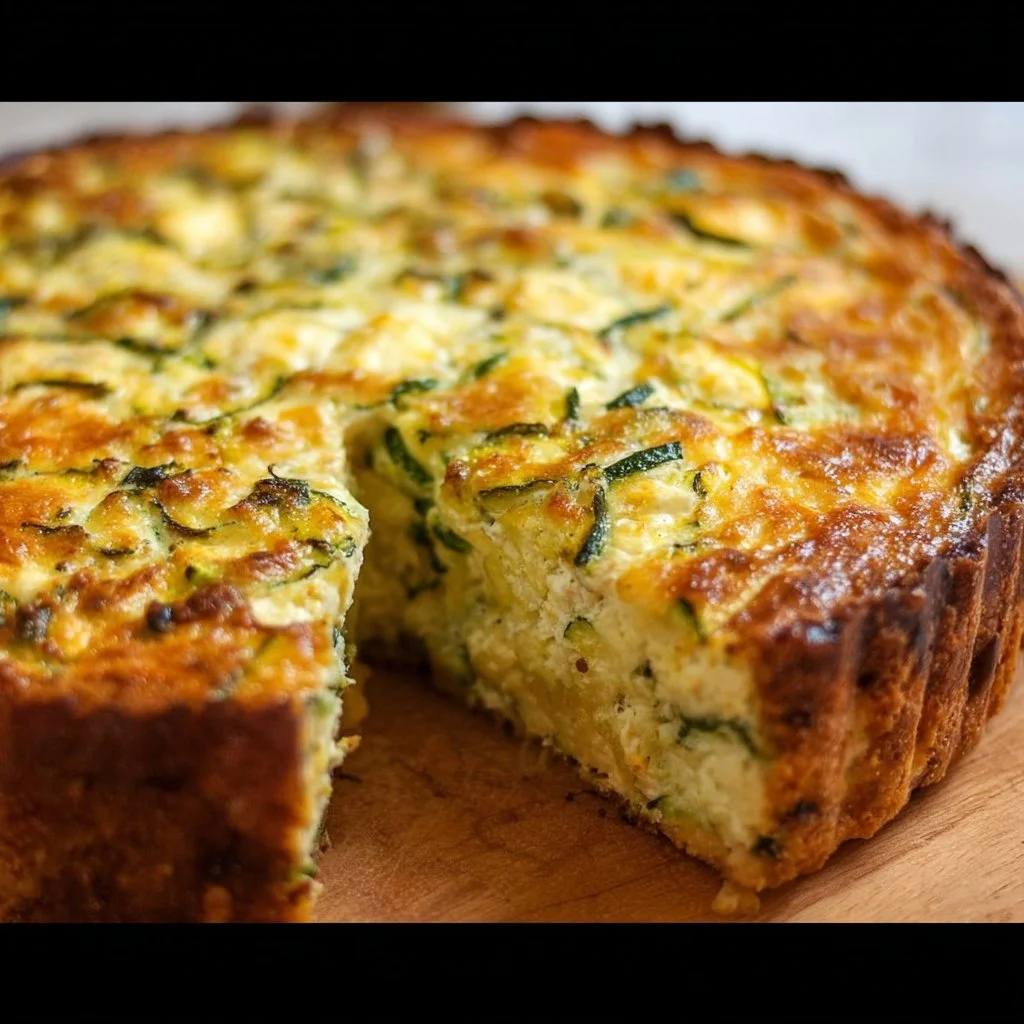 Cottage Cheese Zucchini Quiche freshly baked, served on a rustic plate