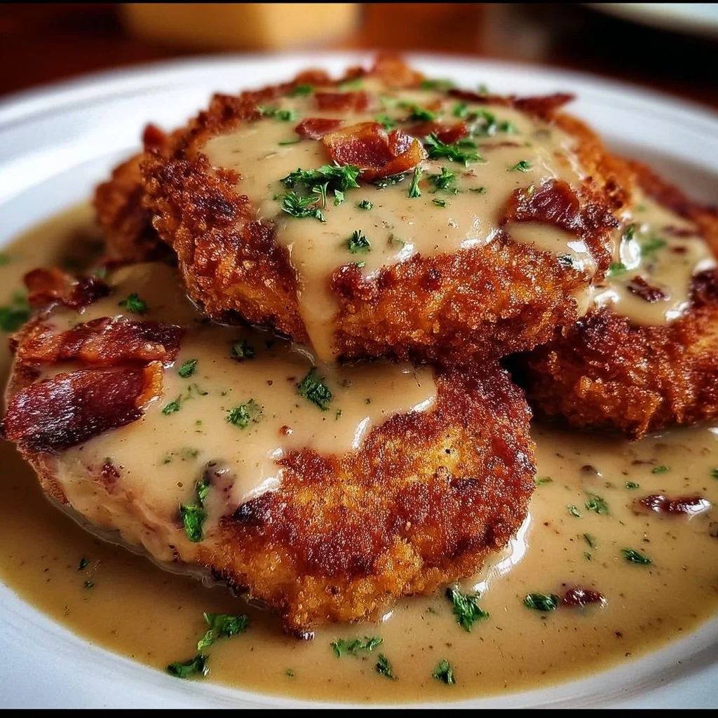 Country fried pork chops topped with savory bacon gravy, served on a plate.