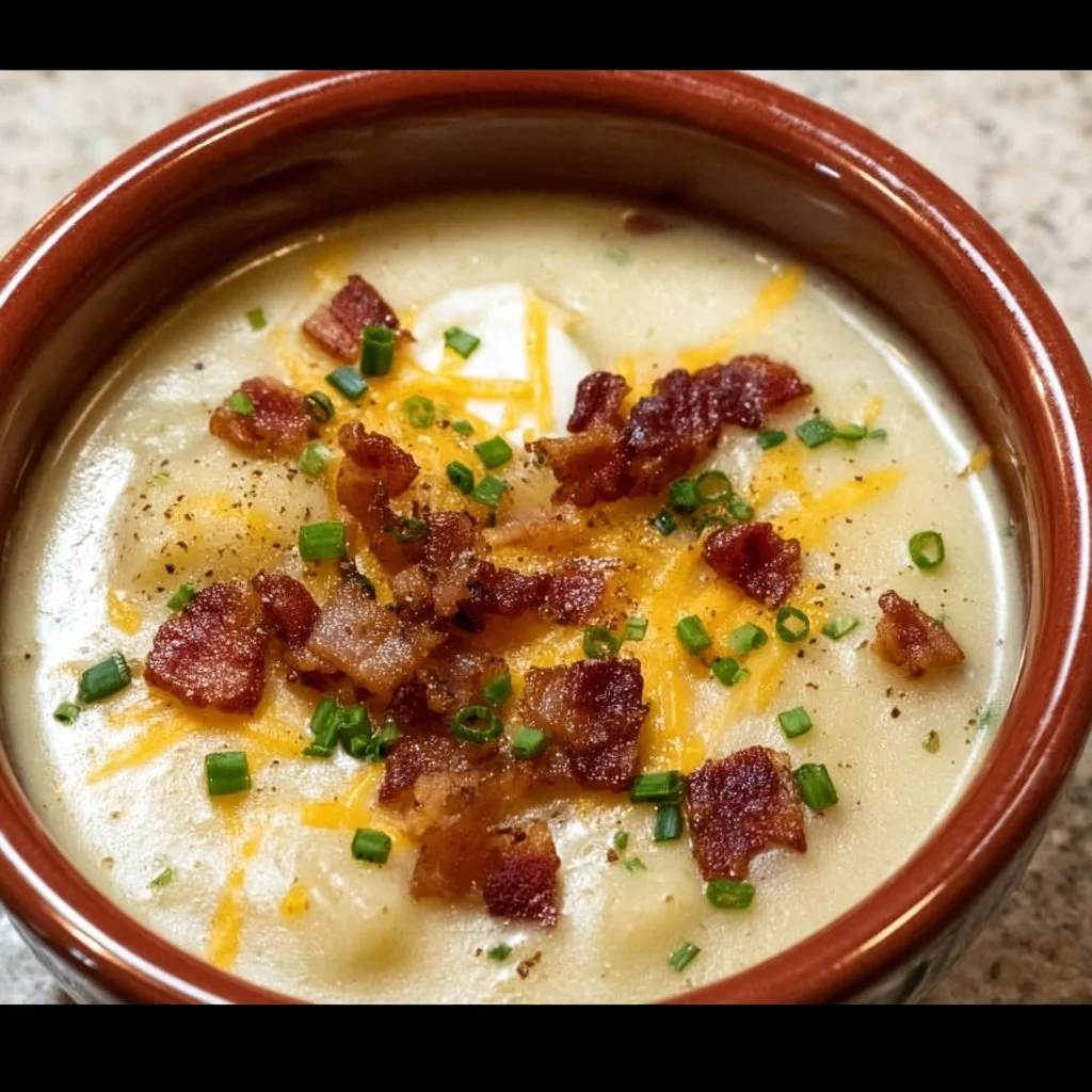 Bowl of cozy baked potato soup garnished with crispy bacon pieces