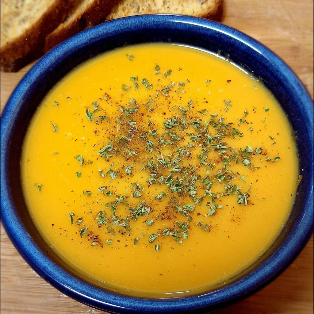 A bowl of cozy creamy butternut squash soup garnished with herbs