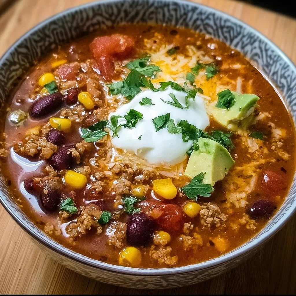 Bowl of cozy taco soup with fresh toppings and herbs