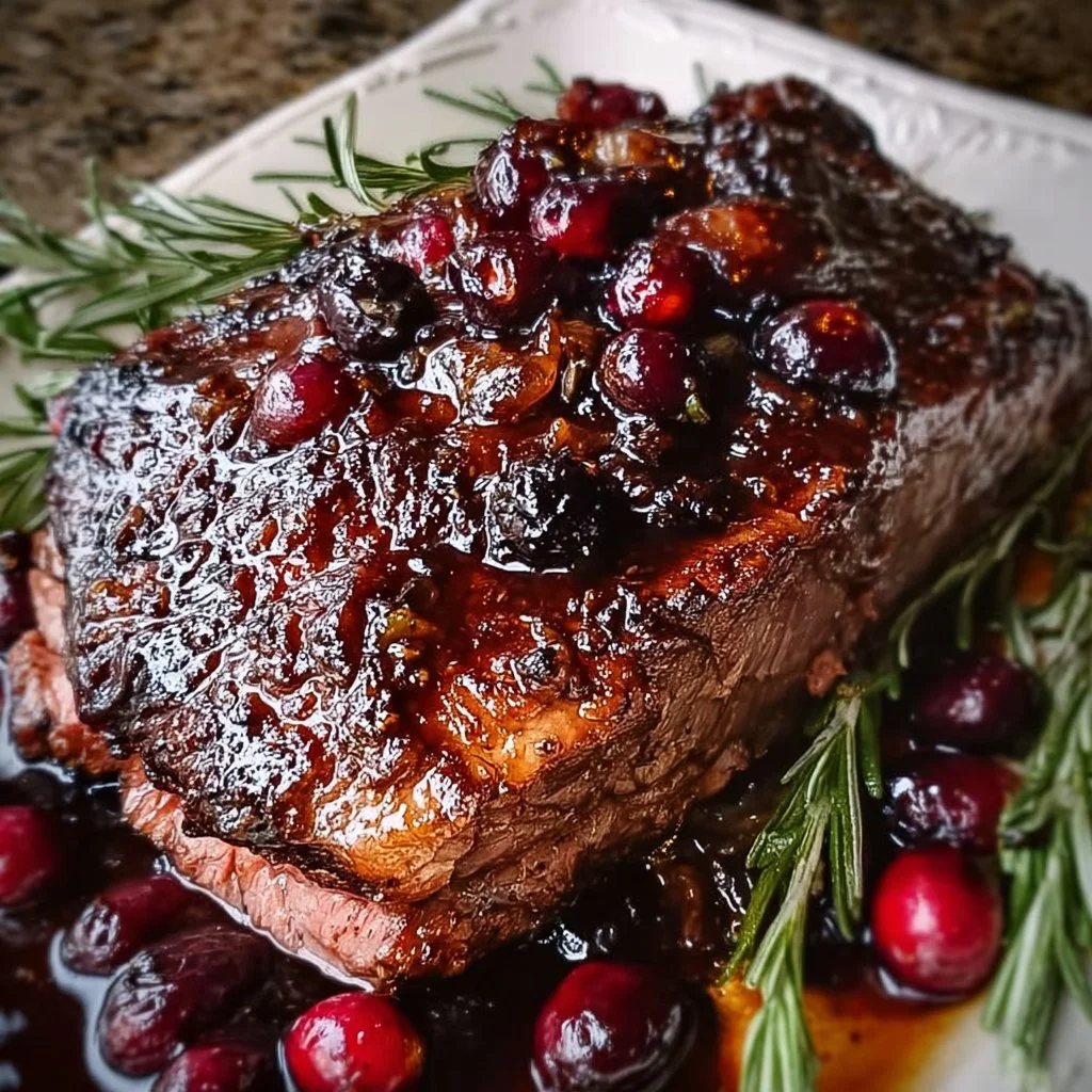 Cranberry balsamic glazed ribeye roast served on a festive platter