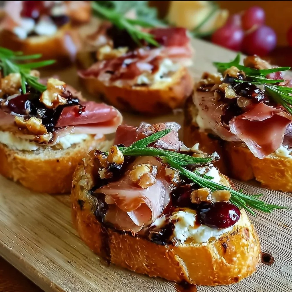 Cranberry Brie Crostini with prosciutto on a serving platter