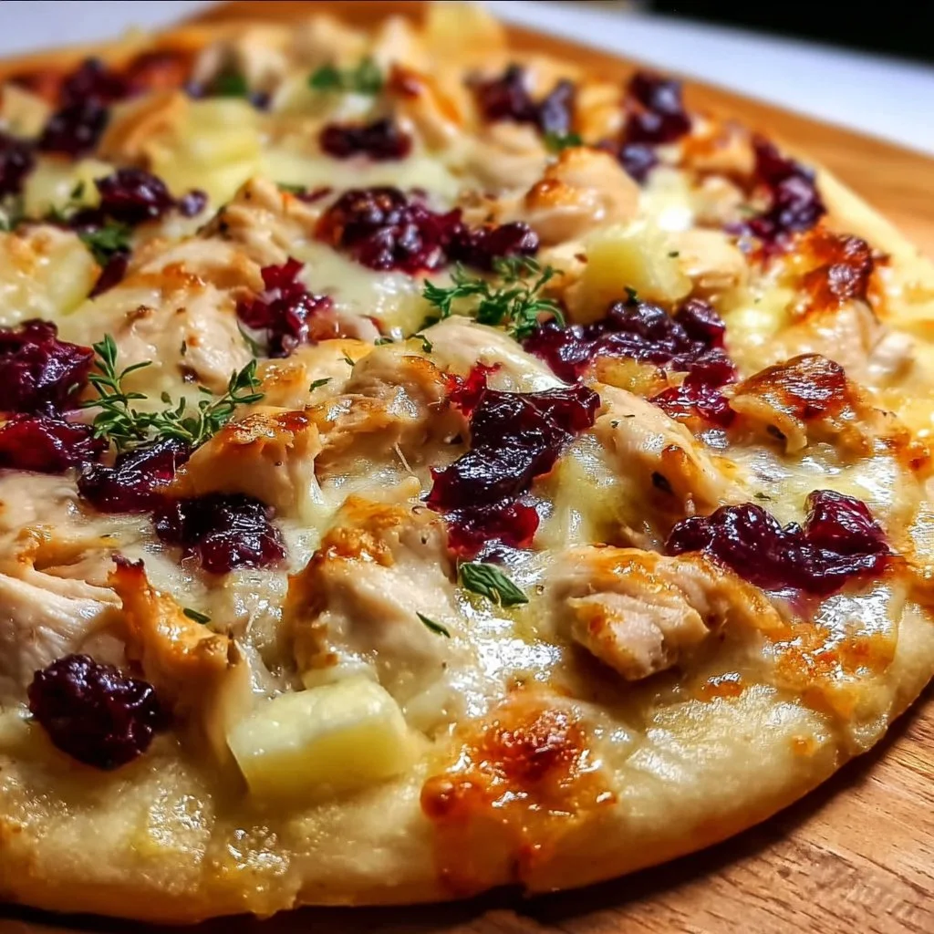 Delicious Cranberry Chicken Brie Pizza with a crispy crust and gourmet toppings