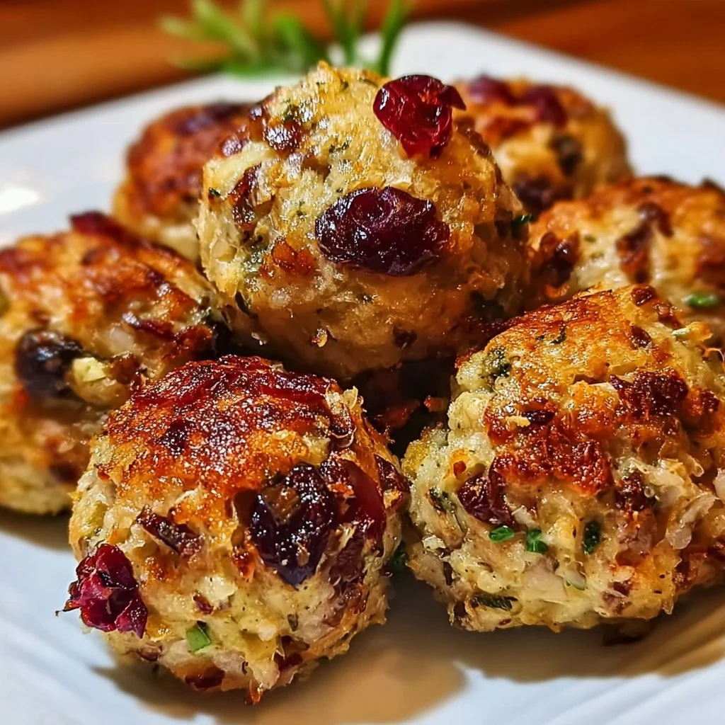Baked cranberry turkey stuffing balls on a festive serving platter