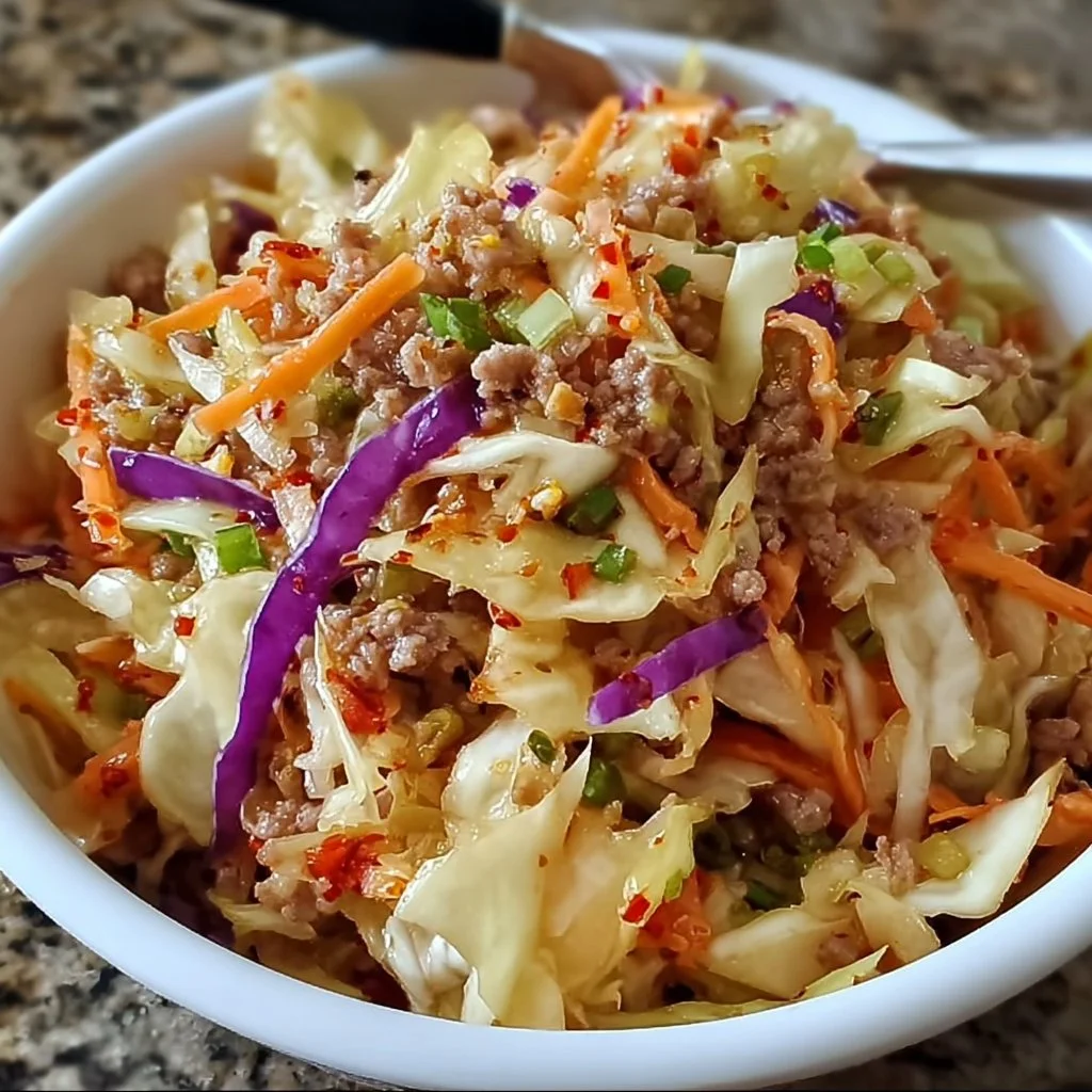 Bowl of delicious low-carb crack slaw with fresh vegetables and chicken