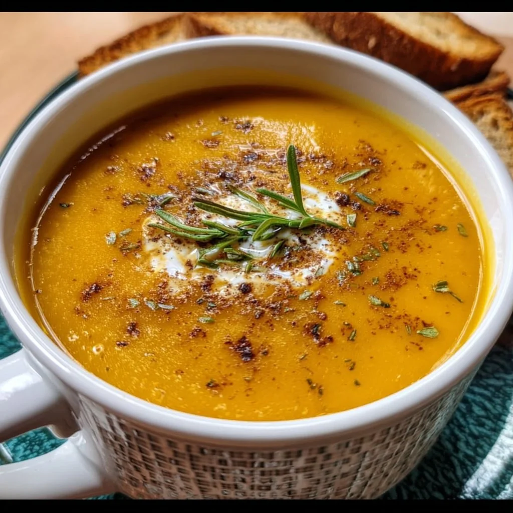 Bowl of creamy butternut squash soup garnished with herbs.