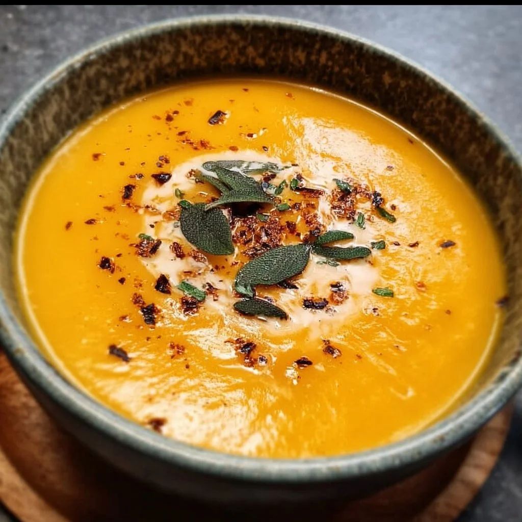 A bowl of creamy butternut squash soup topped with herbs and spices
