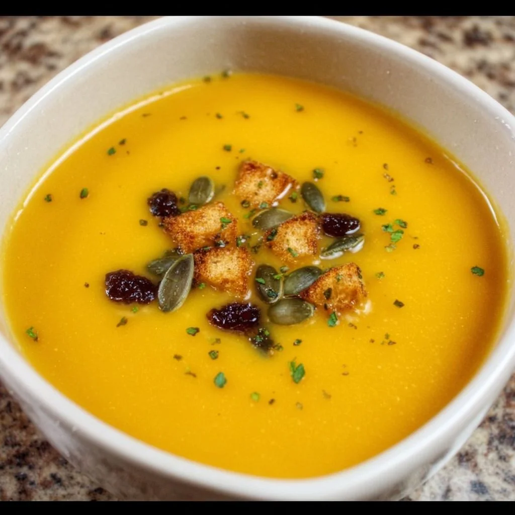 Delicious creamy butternut squash soup garnished with herbs