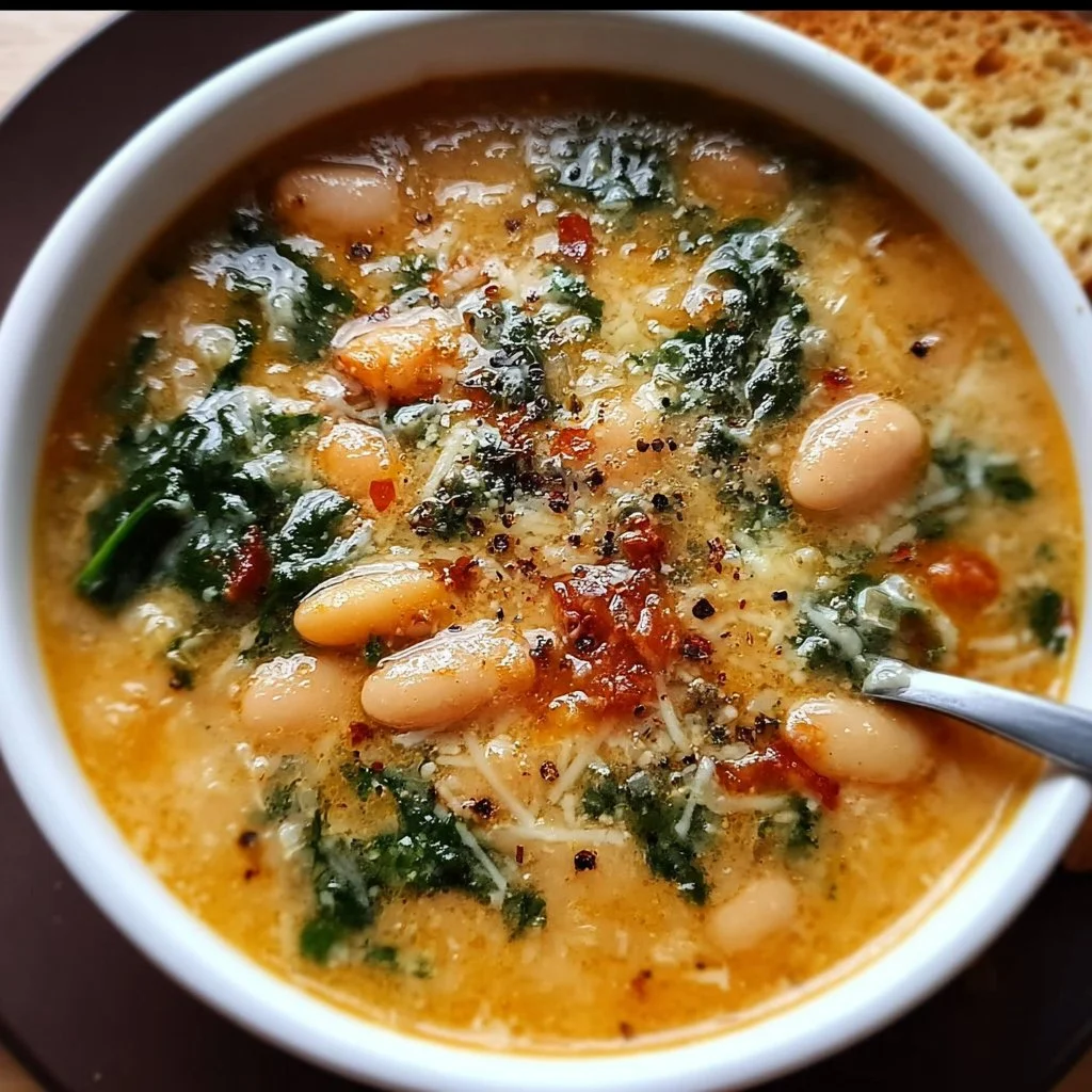 Creamy cannellini bean spinach soup served in a bowl with fresh ingredients