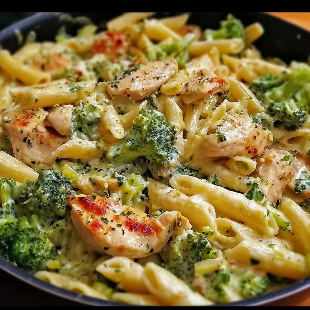 Creamy Chicken and Broccoli Pasta dish garnished with herbs