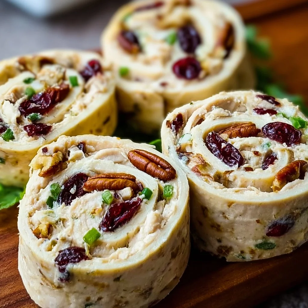 Creamy chicken cranberry pecan pinwheels served on a plate