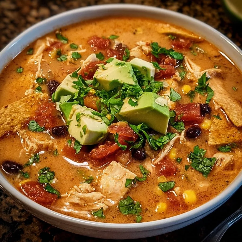 Bowl of creamy chicken tortilla soup topped with tortilla strips and avocado