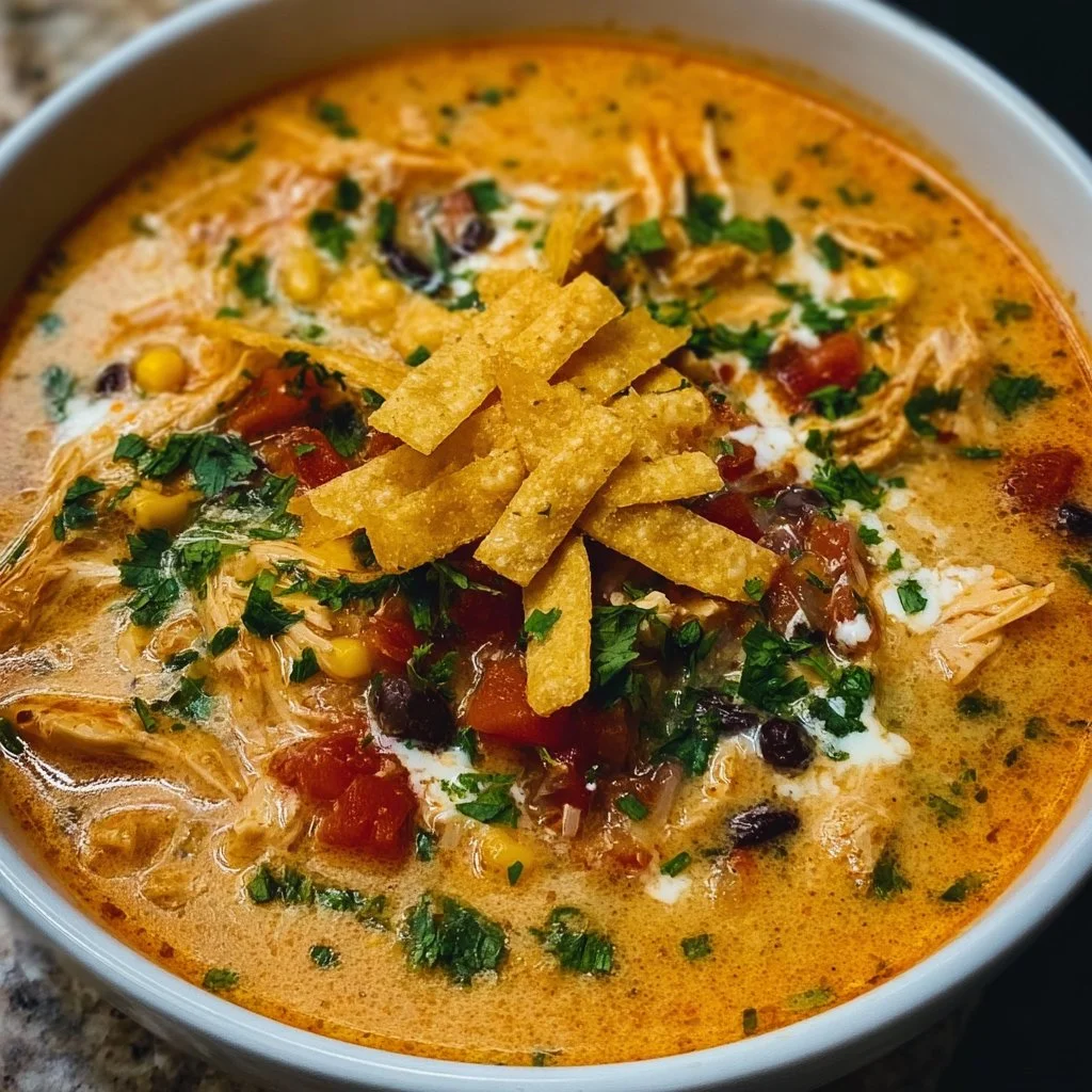 Bowl of creamy chicken tortilla soup garnished with tortilla strips and cilantro