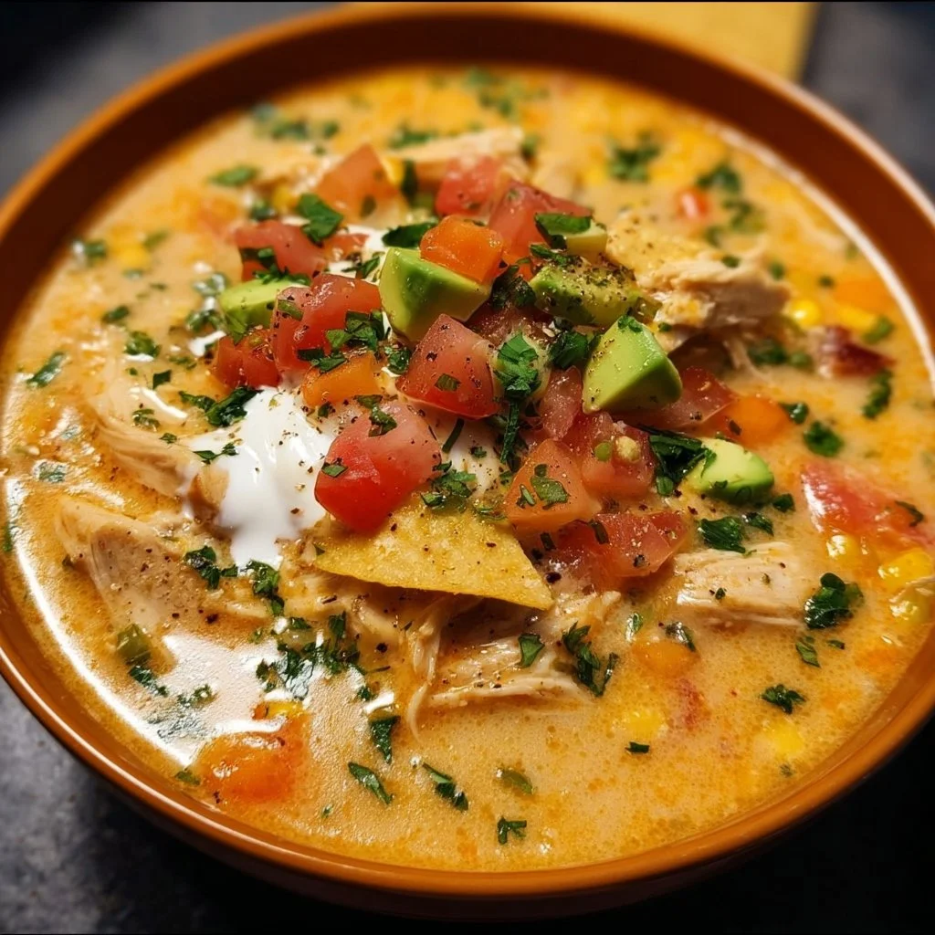 Bowl of creamy chicken tortilla soup garnished with tortilla strips and avocado