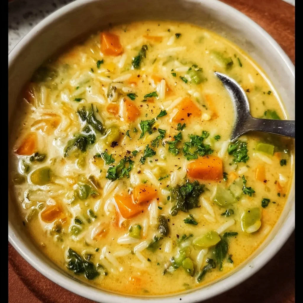 A bowl of creamy orzo and vegetable soup garnished with herbs