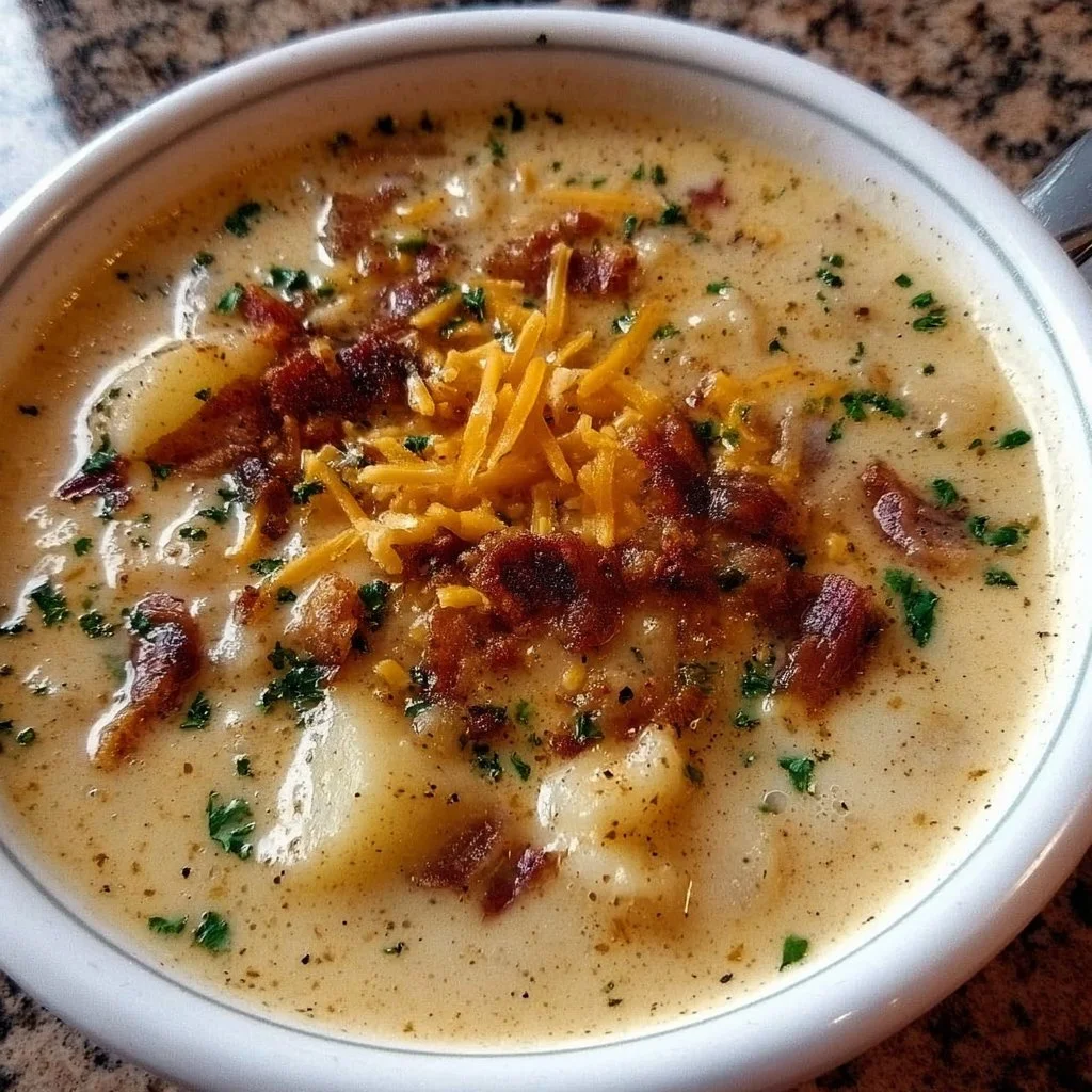 Creamy Pioneer Woman Potato Soup in a bowl, garnished with herbs and served hot.
