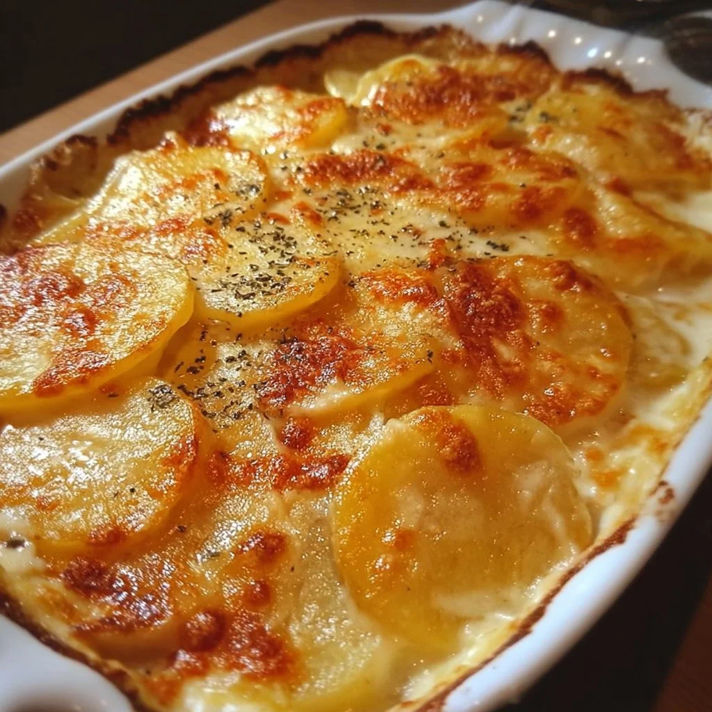 Delicious creamy scalloped potatoes in a baking dish