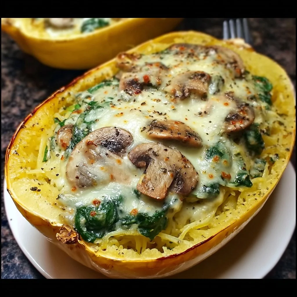 Creamy spinach and mushroom stuffed spaghetti squash dish plated beautifully