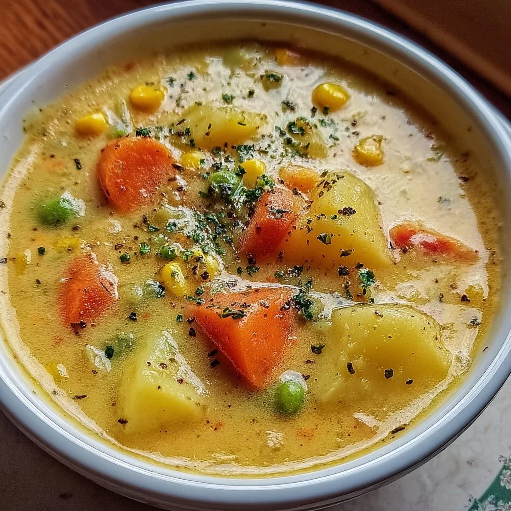 Delicious creamy vegetable soup in a bowl garnished with herbs.