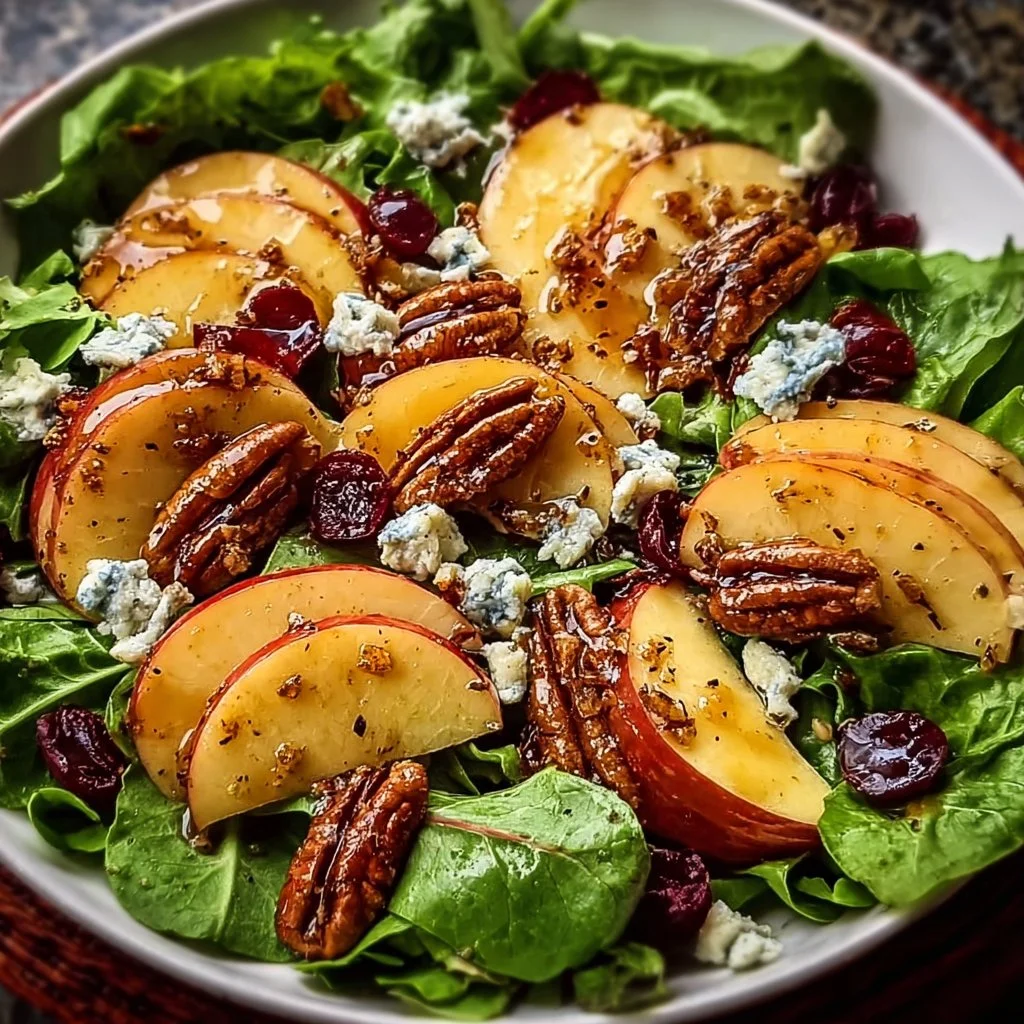Crisp Apple-Pecan Salad drizzled with vinaigrette dressing, displaying vibrant colors.