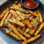Crispy air fryer zucchini fries served in a bowl with a dipping sauce