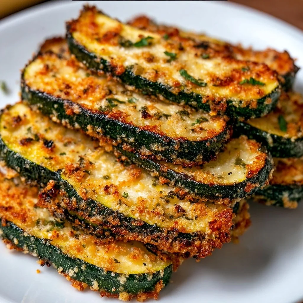 Crispy Baked Parmesan Zucchini served on a plate garnished with herbs