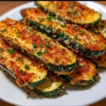 Crispy baked parmesan zucchini slices on a plate, garnished with herbs.