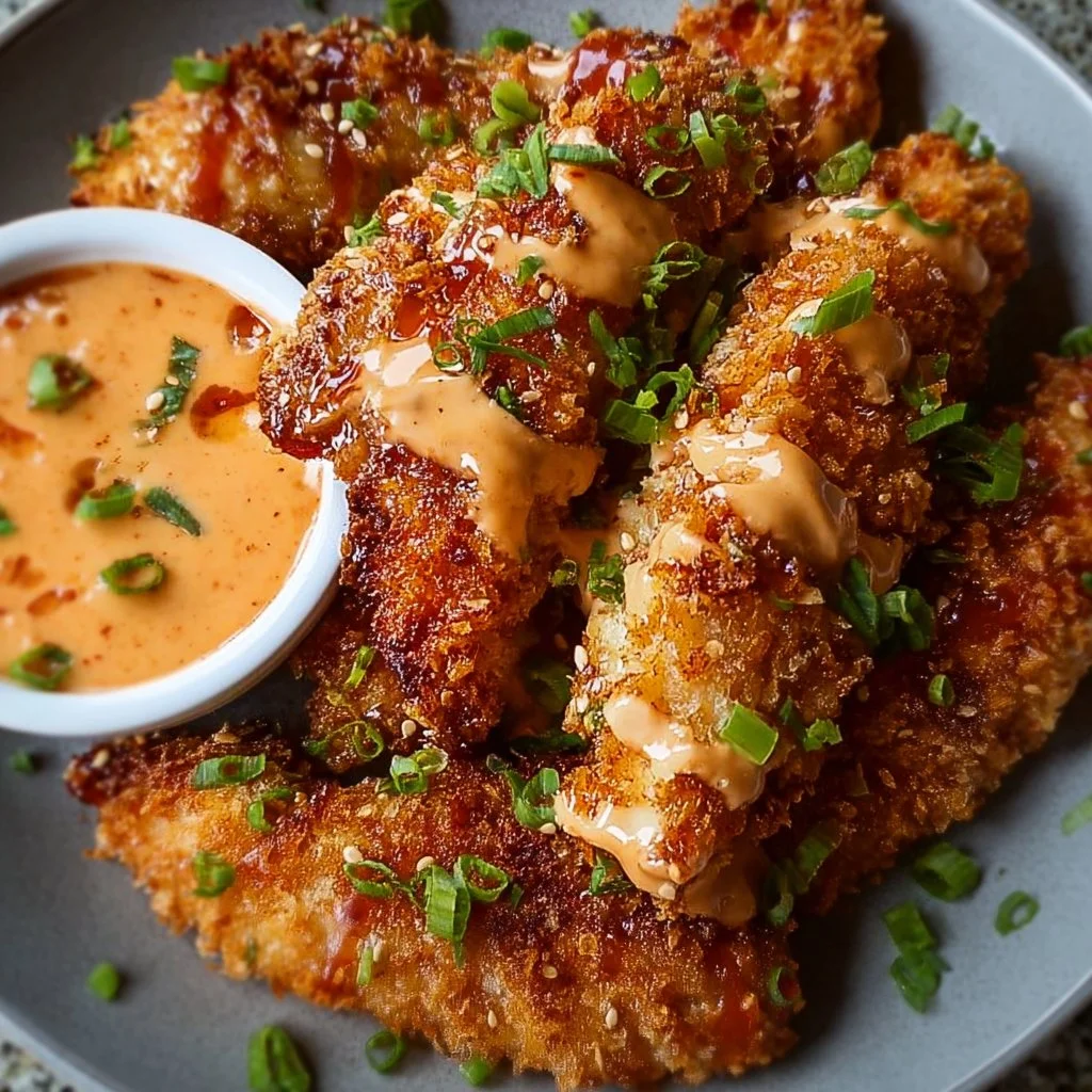 Plate of crispy coconut chicken served with bang bang sauce